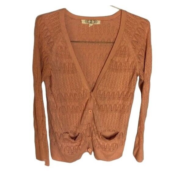 pink rose peach v-neck button cardigan sweater knit pockets large READ - Picture 1 of 8
